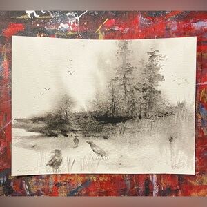 Artettina Original Watercolor Painting Ravens Forest Landscape Misty Atmosphere